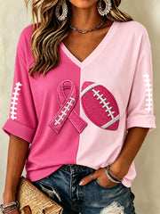 Women's Tackle Breast Cancer Pink Ribbon & Football Print Breast Cancer Awareness Support Half-Sleeve V-Neck T-Shirt
