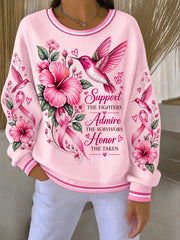 Women's Breast Cancer Awareness Pink Ribbon Support Ribbed Round-Neck Sweatshirt