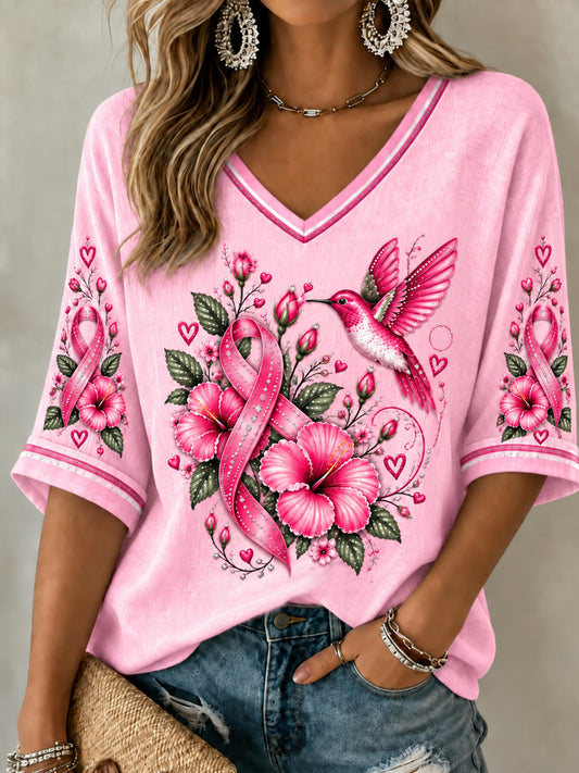 Women's Breast Cancer Awareness Pink Ribbon Support Mid-length Sleeves V-Neck T-Shirt