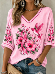 Women's Breast Cancer Awareness Pink Ribbon Support Mid-length Sleeves V-Neck T-Shirt
