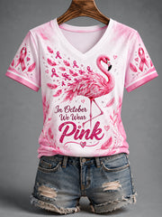 Women's Pink Ribbon Flamingo Print Breast Cancer Awareness Support V-Neck Tee