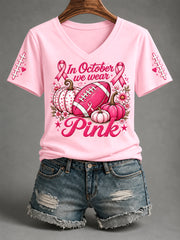 Women's Tackle Breast Cancer In October We Wear Pink Football Print Breast Cancer Awareness Support V-Neck Tee