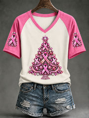 Women's Breast Cancer Awareness Pink Ribbon Christmas Tree V-neck  T-shirt