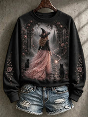 Women's Breast Cancer Awareness Pink Witch Black Cat Print Sweatshirt