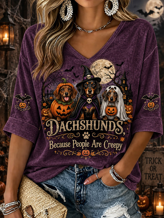 Women's  Halloween Costume Dog Pattern Design Casual Mid-length Sleeves V-Neck T-Shirt