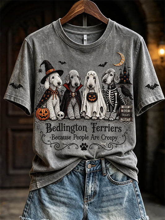 Women's Bedlington Terriers Because People Are Creepy Halloween Dogs Print short-sleeved T-shirt