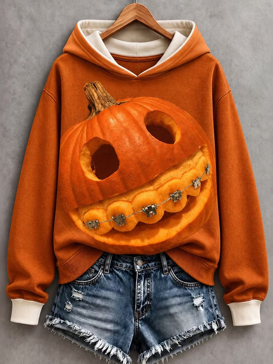 Women's Halloween Funny Pumpkin Face Art Print Hoodie
