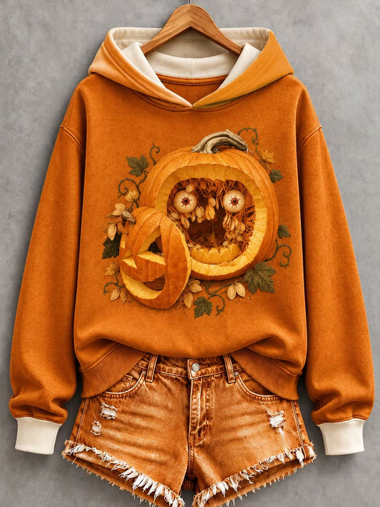 Women's Halloween Funny Pumpkin Face Art Print Hoodie