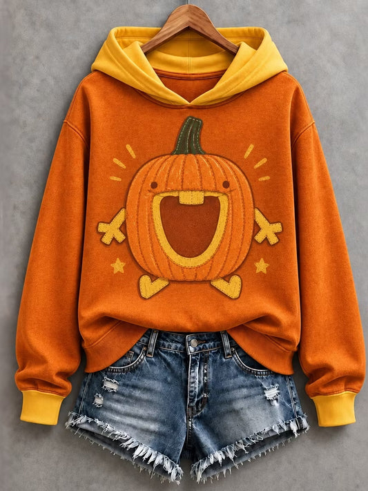 Women's Halloween Funny Pumpkin Face Art Print Hoodie