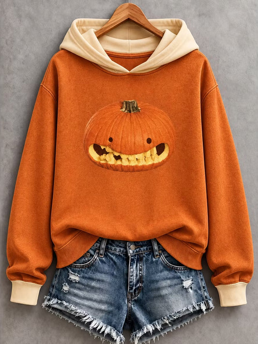Women's Halloween Funny Pumpkin Face Art Print Hoodie
