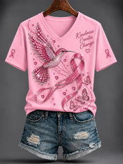 Women's Breast Cancer Pink Printed V-neck T-shirt