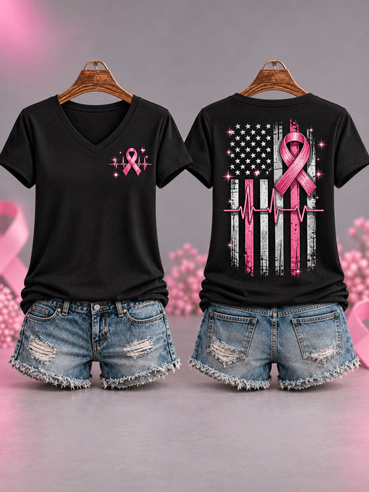 Women's Pink Ribbon US Flag Print Breast Cancer Awareness Support V-Neck Tee