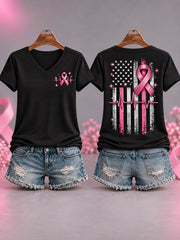 Women's Pink Ribbon US Flag Print Breast Cancer Awareness Support V-Neck Tee