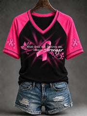 Women's Breast Cancer Awareness Pink Ribbon Support V-Neck Short Sleeve T-Shirt