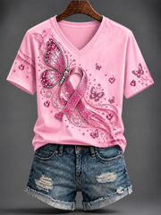 Women's Breast Cancer Pink Printed V-neck T-shirt