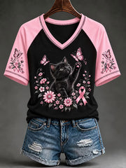 Women's Breast Cancer Awareness Black Cat Print V-neck T-shirt