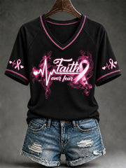 Women's Breast Cancer Awareness Pink Ribbon Support V-Neck Short Sleeve T-Shirt