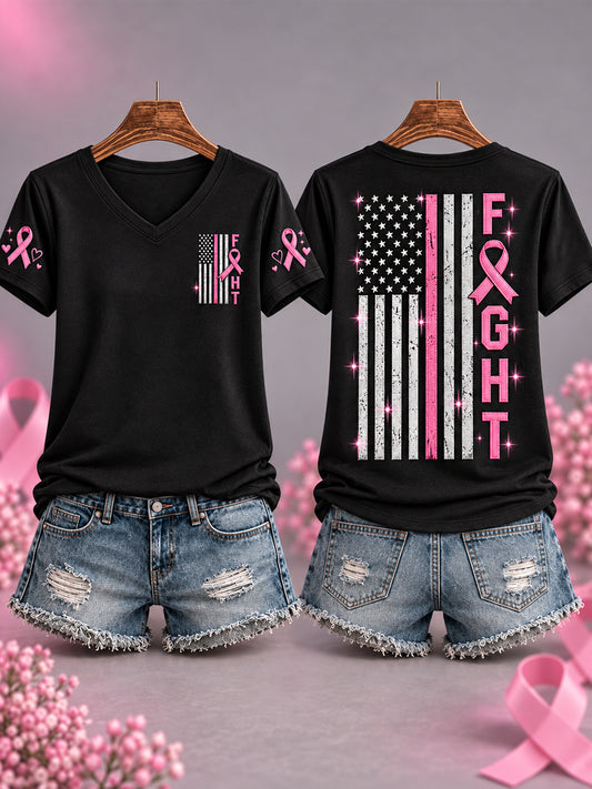 Women's Pink Ribbon Fight For A Cure US Flag Print Breast Cancer Awareness Support V-Neck Tee
