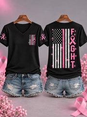 Women's Pink Ribbon Fight For A Cure US Flag Print Breast Cancer Awareness Support V-Neck Tee