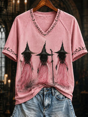 Women's Breast Cancer Awareness Witch Print V-neck T-shirt