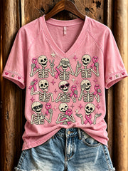 Women's Pink Ribbon Skeleton Print V-neck Short-sleeved T-shirt
