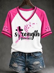 Women's Breast Cancer Awareness Pink Ribbon Support V-Neck Short Sleeve T-Shirt