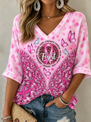 Women's Breast Cancer Awareness Pink Ribbon Support Mid-length Sleeves V-Neck T-Shirt