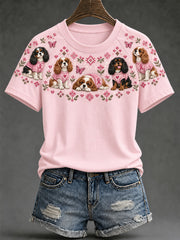 Women's Dog Pattern and Pink Charity Ribbon Design Casual  Short sleeve T-shirt