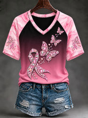 Women's Breast Cancer Awareness Butterfly Print V-neck T-shirt