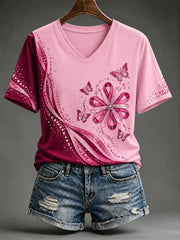 Women's Breast Cancer Pink Printed V-neck T-shirt