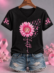 Women's Pink Ribbon Sunflower Faith Print Breast Cancer Awareness Support V-Neck Tee