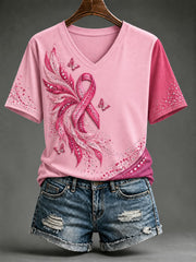 Women's Breast Cancer Pink Printed V-neck T-shirt