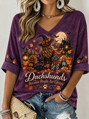 Women's Halloween-Themed Witch And Dog Pattern Casual Mid-length Sleeves V-Neck T-Shirt