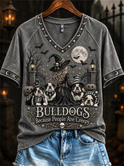 Women's Bulldogs Because People Are Creepy Halloween Witch & Dogs Print short-sleeved T-shirt