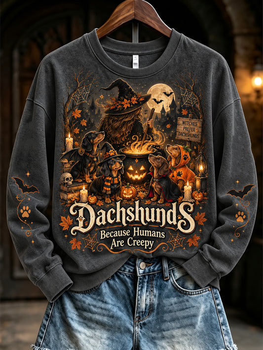 Women's Halloween-themed witch and dog pattern casual sweatshirt