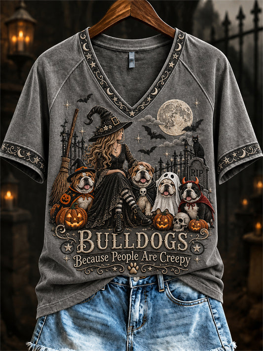 Women's Bulldogs Because People Are Creepy Halloween Witch & Dogs Print short-sleeved T-shirt