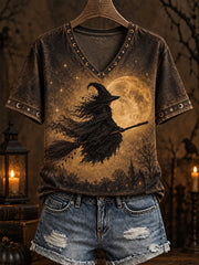Women's Halloween-themed dark witch pattern print casual short-sleeve T-shirt