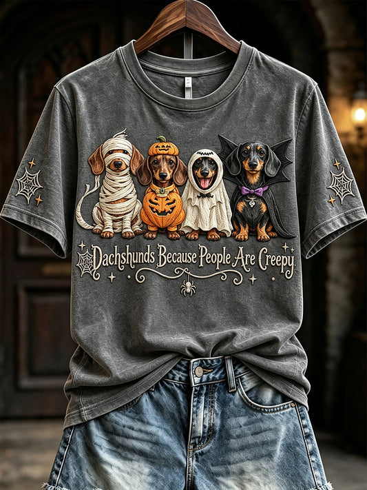 Women's Dachshunds Because People Are Creepy Halloween Print Short-sleeved T-shirt