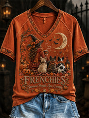 Women's Frenchies Because People Are Creepy Fall Halloween Witch & Dogs Print short-sleeved T-shirt