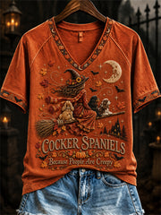Women's Cocker Spaniels Because People Are Creepy Fall Halloween Witch & Dogs Print short-sleeved T-shirt