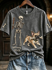 Women's Funny Skeleton French Bulldog Wrong Stick Halloween Print Short-sleeved T-shirt