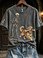 Women's Funny Skeleton Golden Retriever Wrong Stick Halloween Print Short-sleeved T-shirt