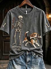 Women's Funny Skeleton Beagle Wrong Stick Halloween Print Short-sleeved T-shirt