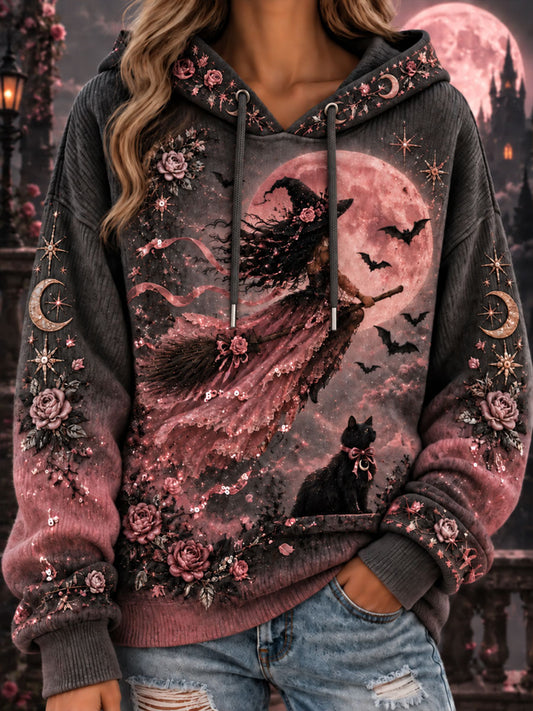 Women's Pink Witch Print Regular Sweatshirt