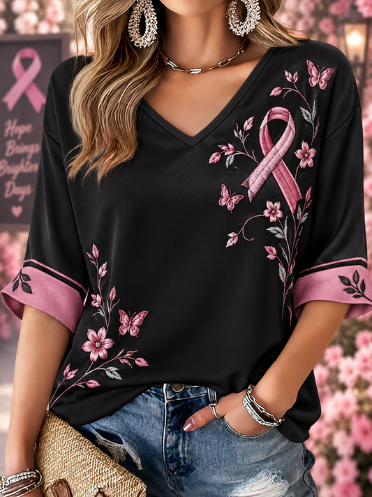 Women's Breast Cancer Pink Art Print Mid-length Sleeves V-Neck T-Shirt