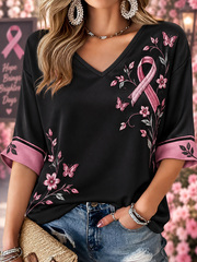 Women's Breast Cancer Pink Art Print Mid-length Sleeves V-Neck T-Shirt