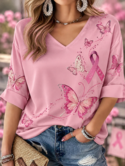 Women's Breast Cancer Pink Art Print Mid-length Sleeves V-Neck T-Shirt