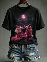 Women's Pink Witch Print Short-sleeved T-shirt