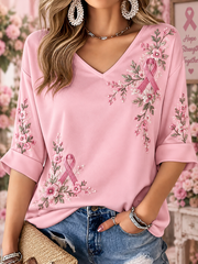 Women's Breast Cancer Pink Art Print Mid-length Sleeves V-Neck T-Shirt