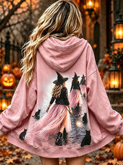 Women's Pink Witch Print Zip-Up Hoodie